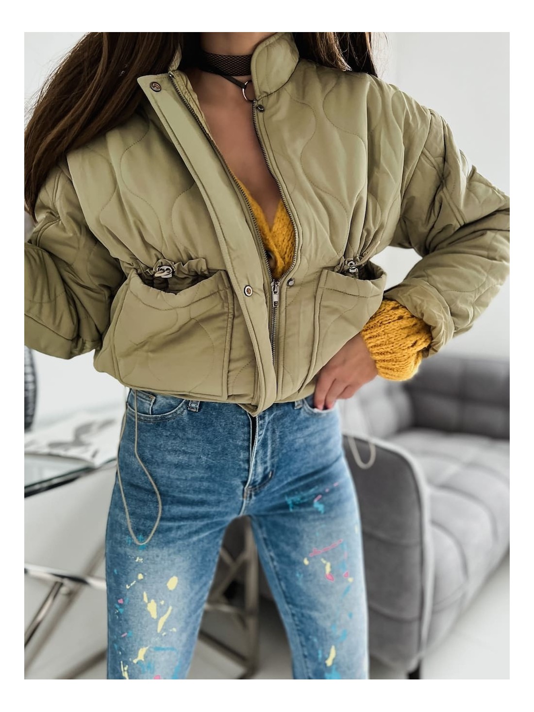 Damen-Steppjacke mit Stehkragen, olivgrün SF13 - Online-Shop - Boutique